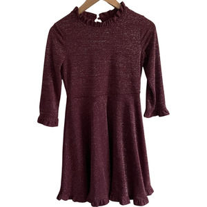 Art Class Girls Burgundy Sparkle Skater Dress Ruffle Neckline Size 10-12